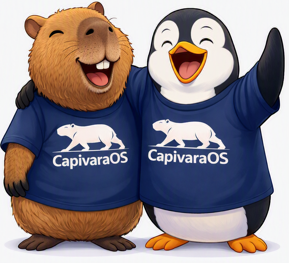 Capybara and Tux wearing CapivaraOS t-shirts