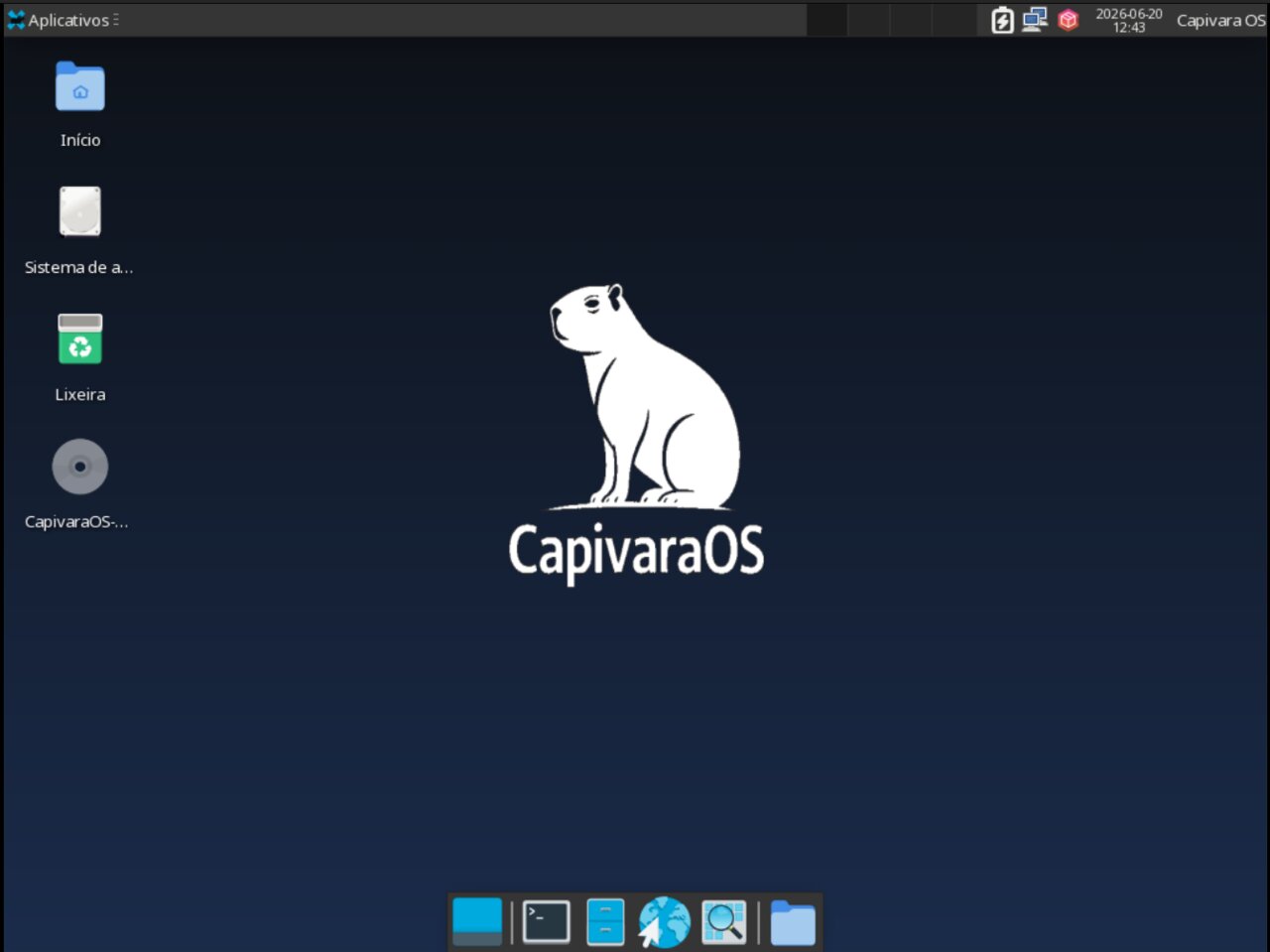 Área de trabalho do CapivaraOS Pup, com a logo da capivara e dock inferior
