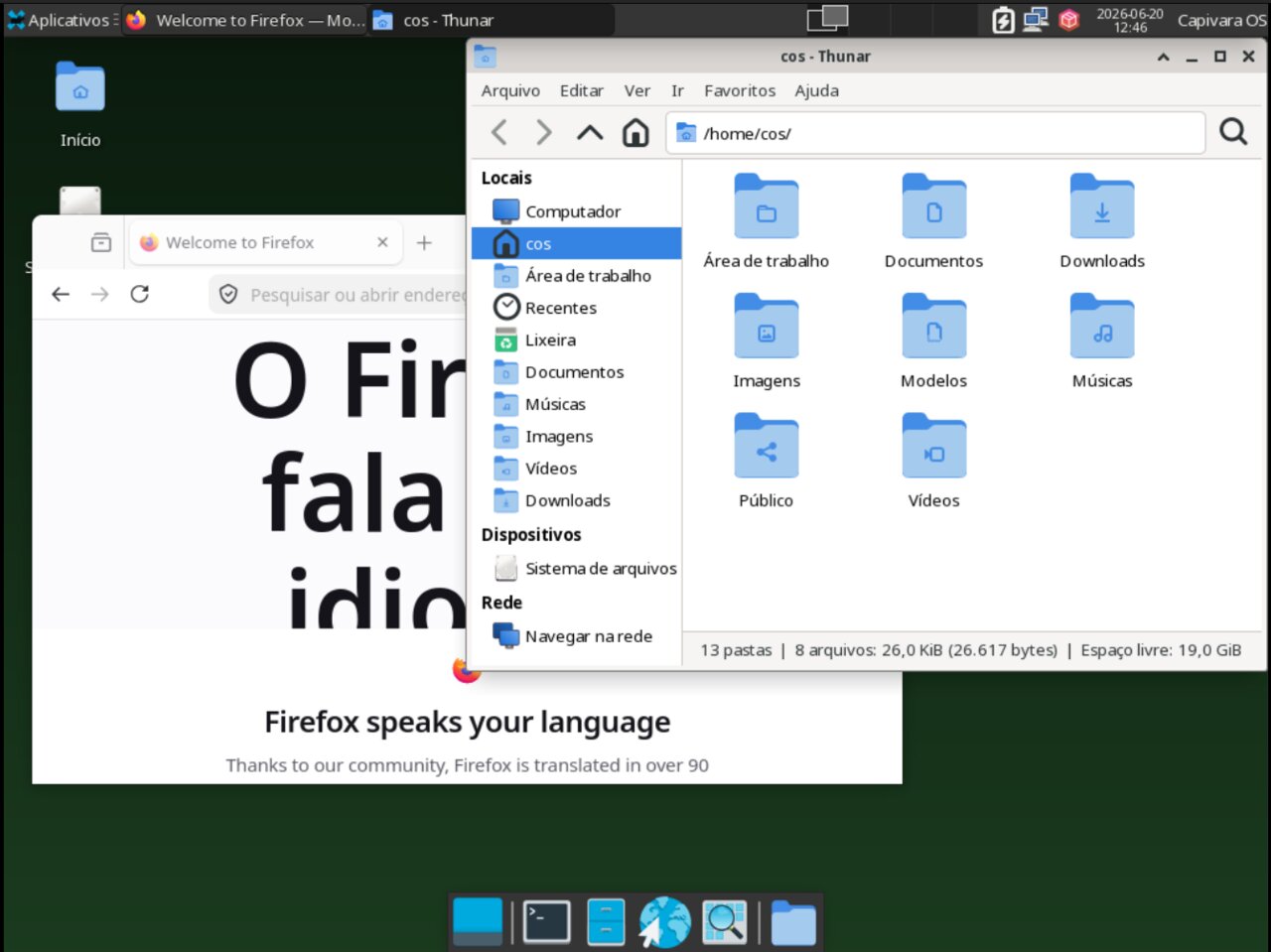 Firefox e Thunar abertos lado a lado no CapivaraOS Pup