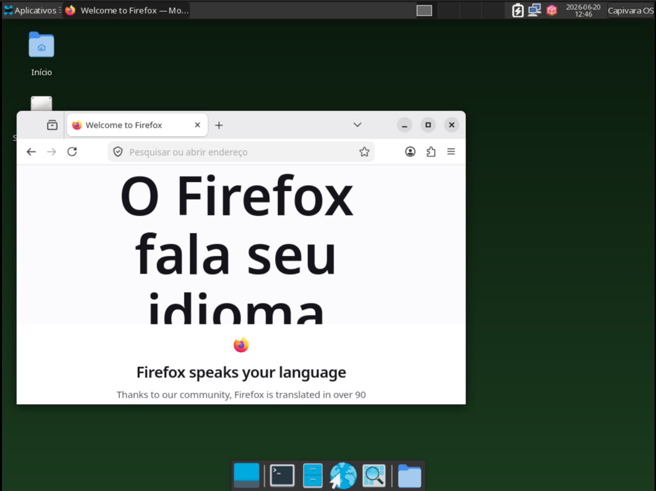 Firefox aberto no CapivaraOS Pup, com a tela de boas-vindas