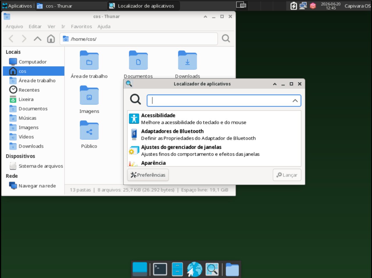 Localizador de aplicativos e gerenciador de arquivos Thunar abertos no CapivaraOS Pup