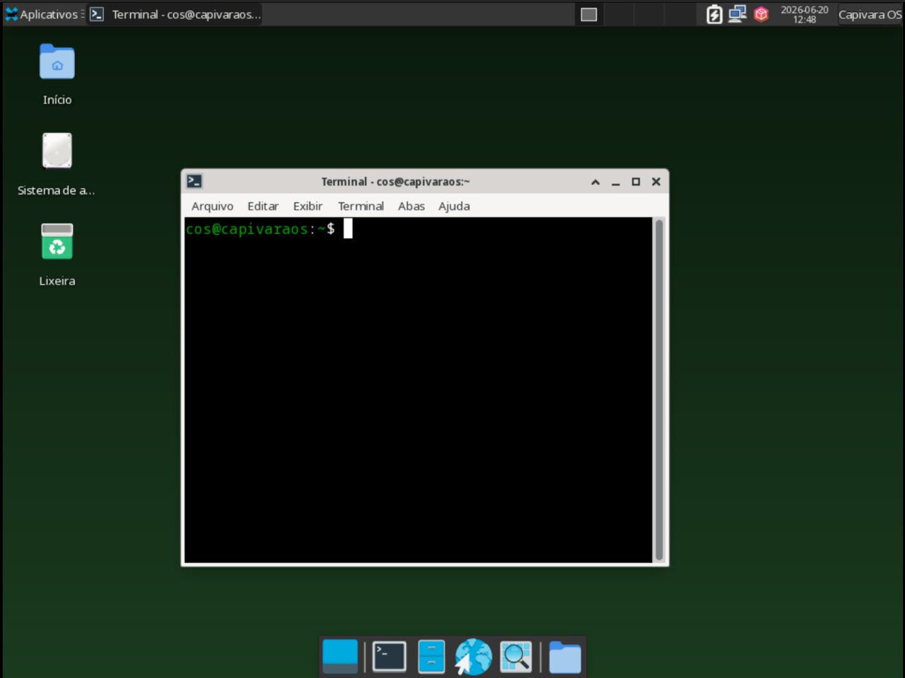 Terminal do Xfce aberto no CapivaraOS Pup