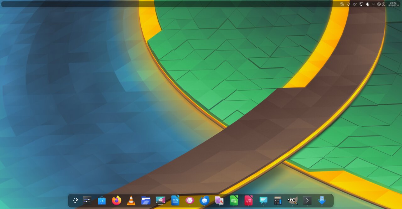 Área de trabalho do CapivaraOS Marsh, com wallpaper poligonal e dock inferior