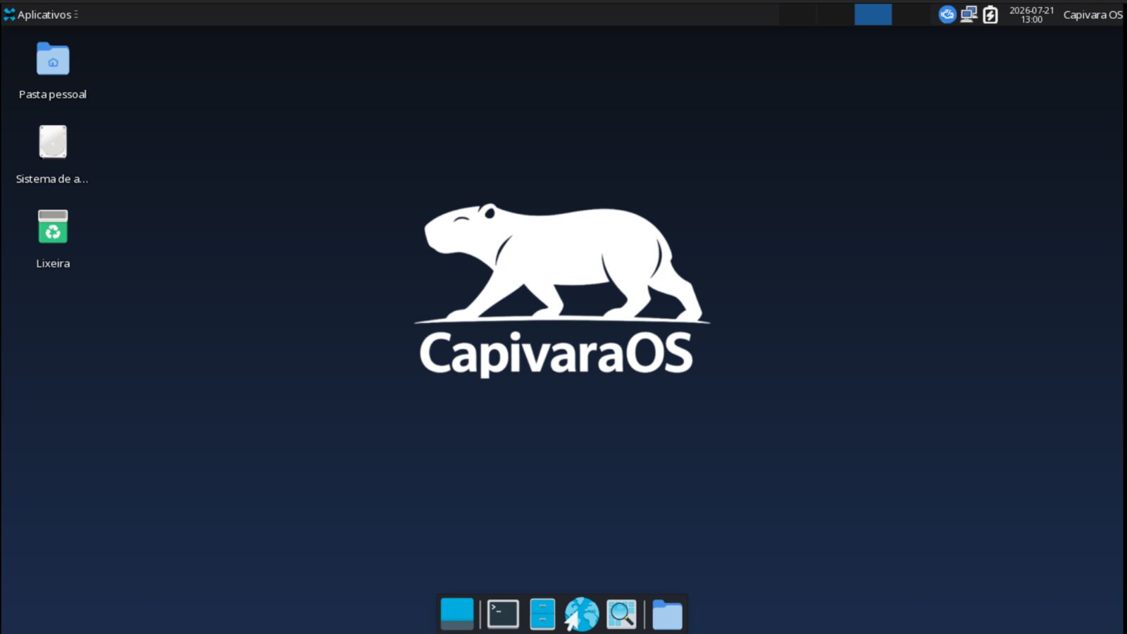 CapivaraOS Pup desktop with a dark blue wallpaper and the capybara logo in white