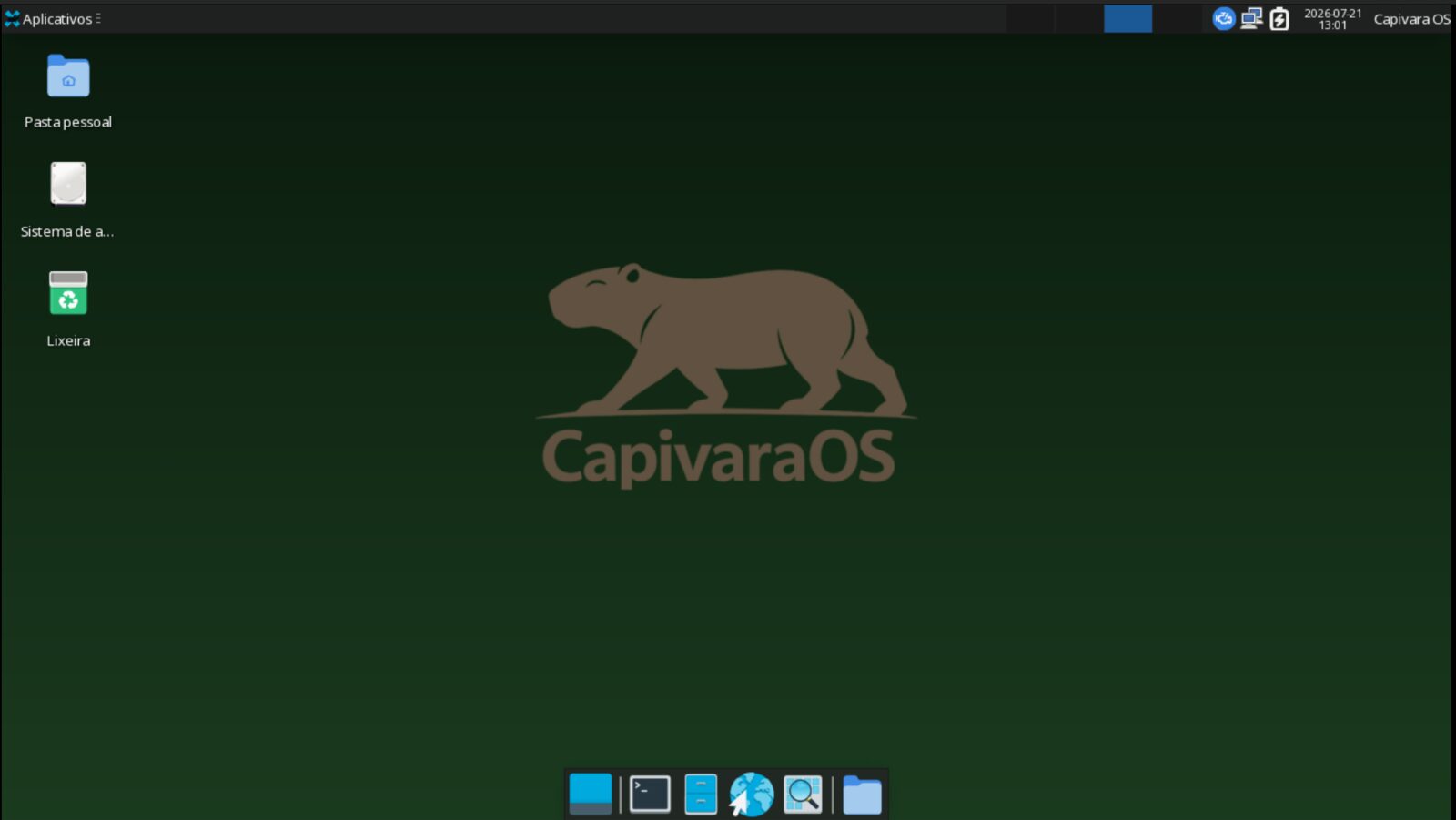 CapivaraOS Pup desktop with a green wallpaper and the capybara logo